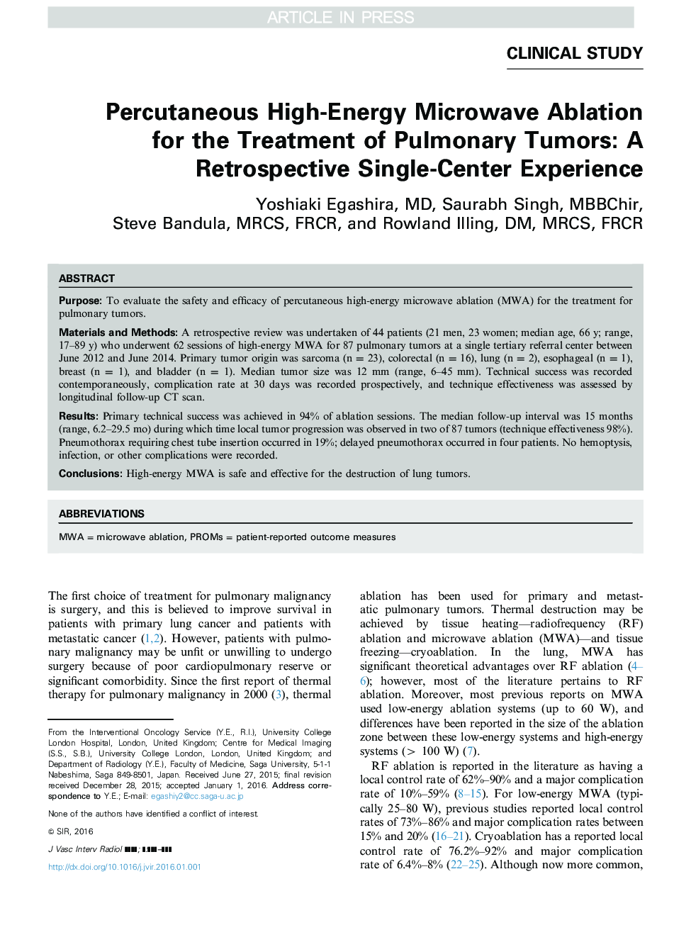 Percutaneous High-Energy Microwave Ablation for the Treatment of Pulmonary Tumors: A Retrospective Single-Center Experience