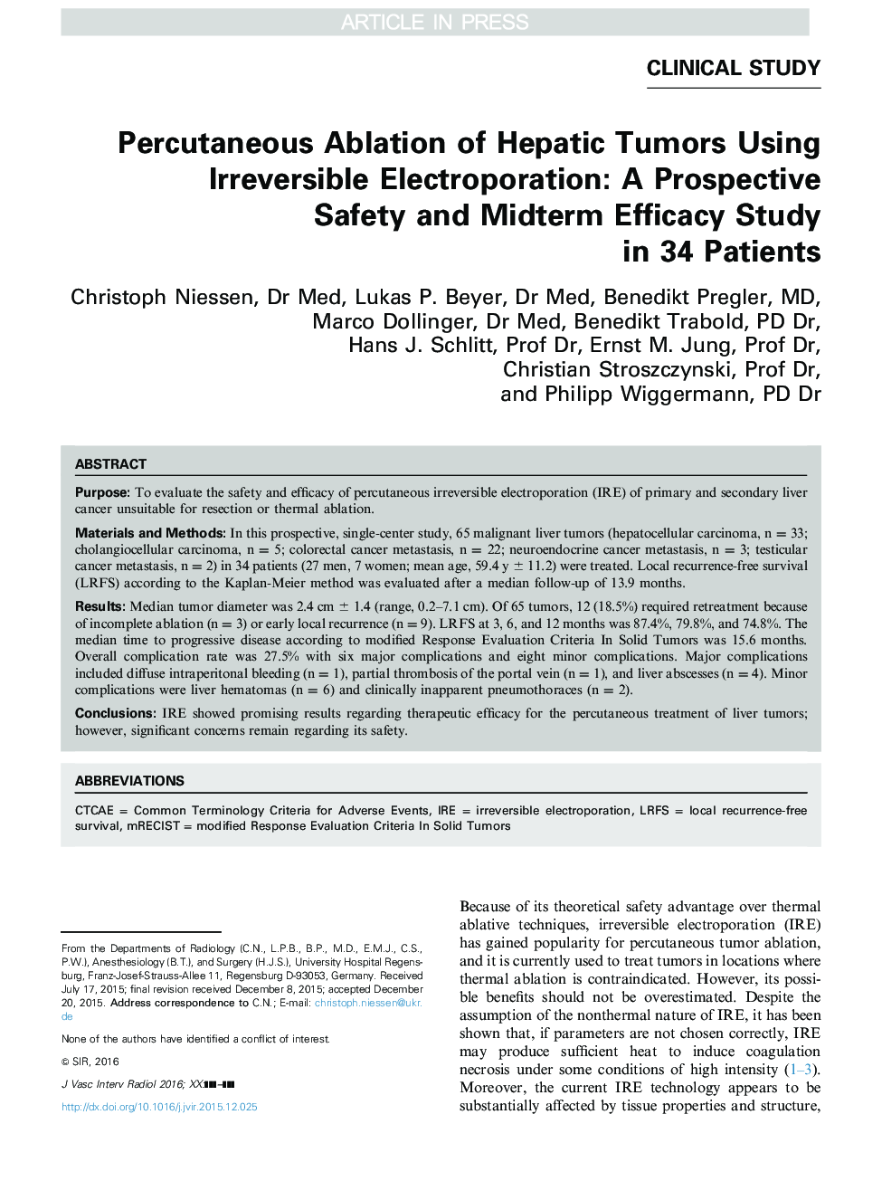 Percutaneous Ablation of Hepatic Tumors Using Irreversible Electroporation: A Prospective Safety and Midterm Efficacy Study in 34 Patients