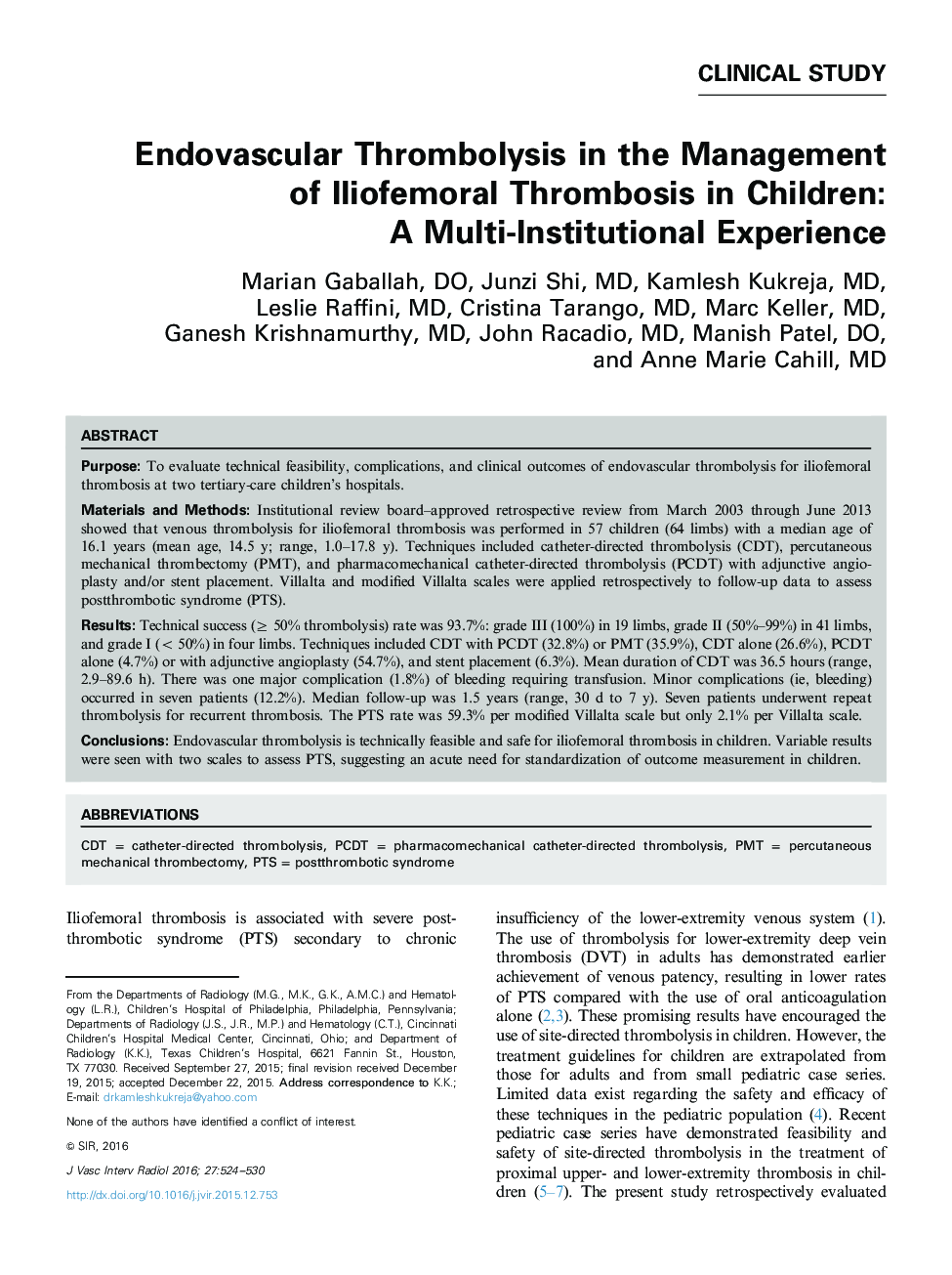 ترومبولیز غدد درون ریز در مدیریت ترومبوز الیوفمورال در کودکان: تجربه چندین نهادی 