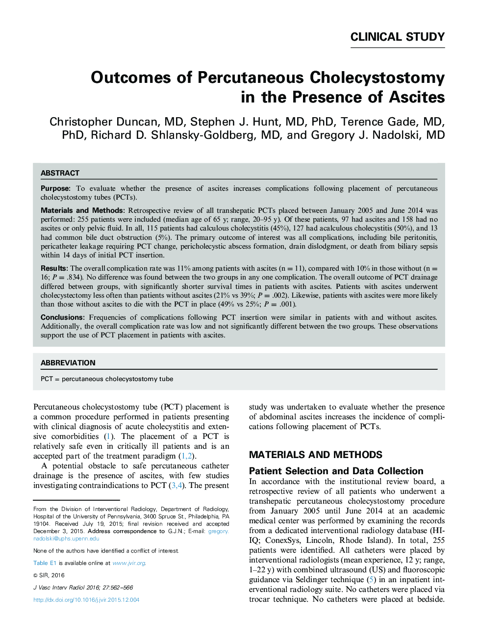 Outcomes of Percutaneous Cholecystostomy in the Presence of Ascites