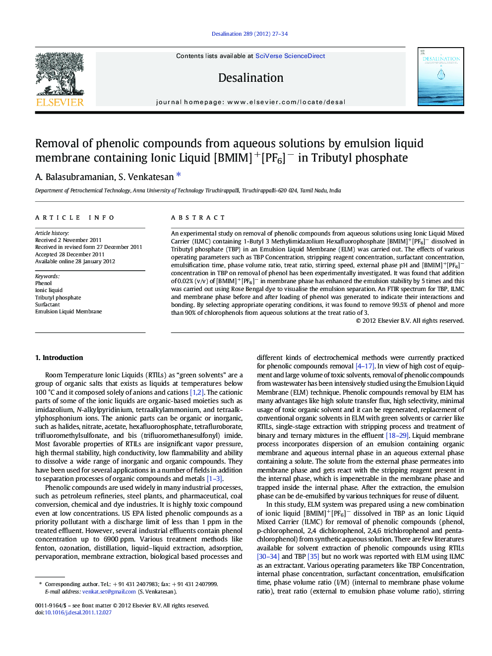 Removal of phenolic compounds from aqueous solutions by emulsion liquid membrane containing Ionic Liquid [BMIM]+[PF6]− in Tributyl phosphate