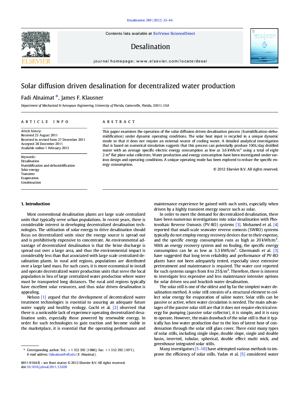 Solar diffusion driven desalination for decentralized water production