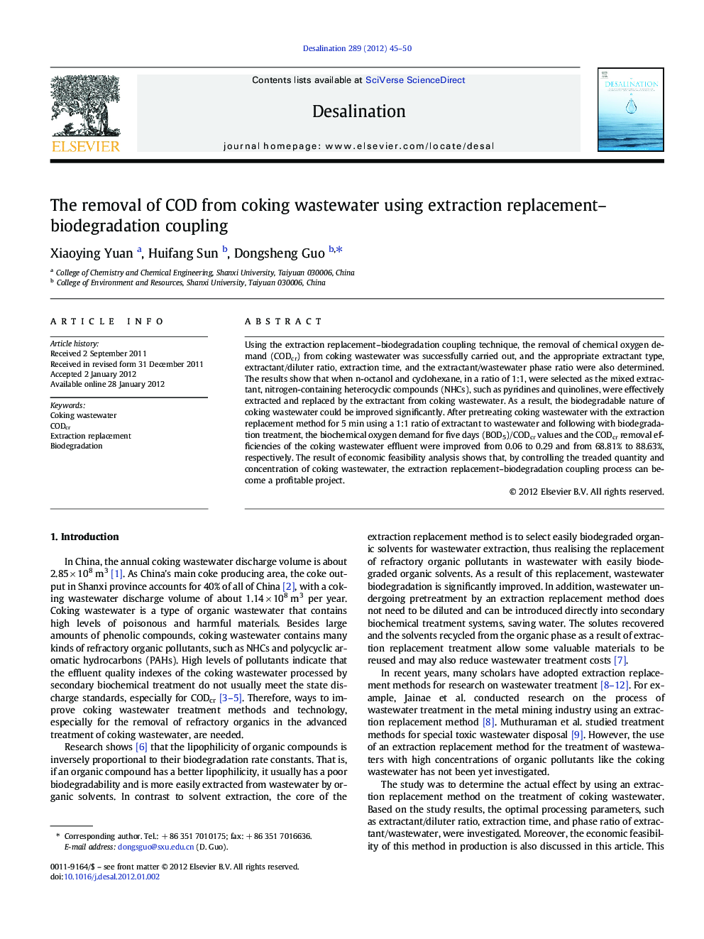 The removal of COD from coking wastewater using extraction replacement-biodegradation coupling