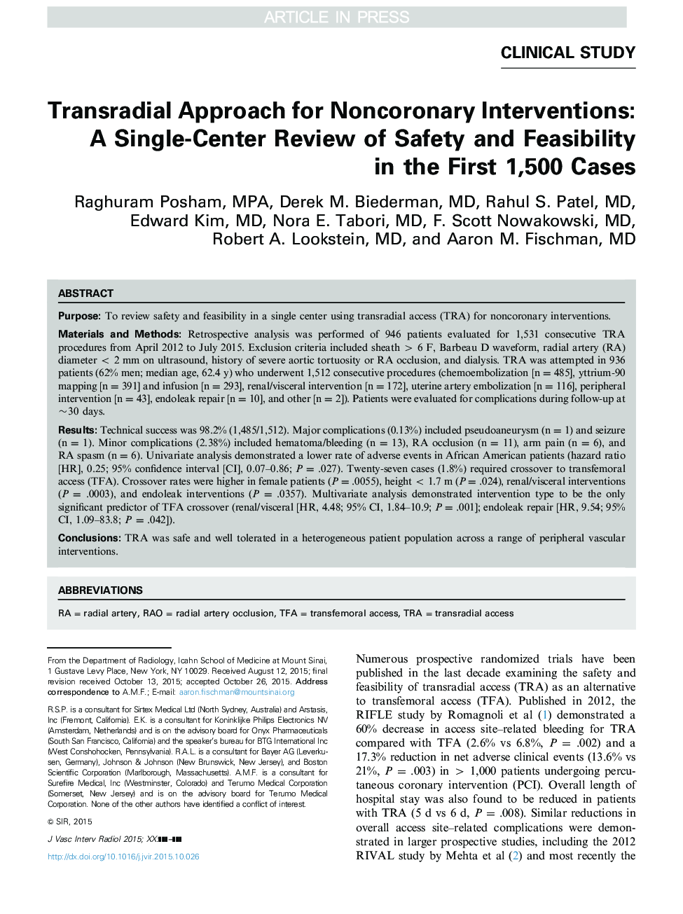 Transradial Approach for Noncoronary Interventions: A Single-Center Review of Safety and Feasibility in the First 1,500 Cases