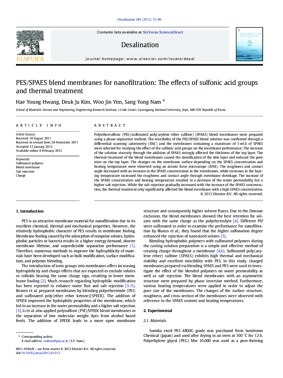 PES/SPAES blend membranes for nanofiltration: The effects of sulfonic acid groups and thermal treatment