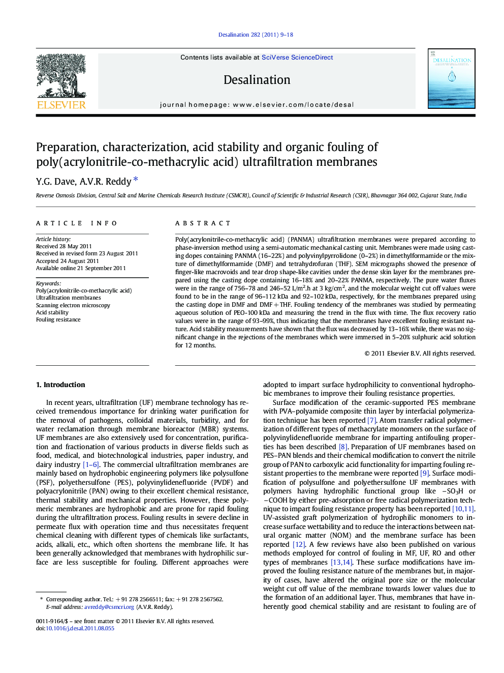 Preparation, characterization, acid stability and organic fouling of poly(acrylonitrile-co-methacrylic acid) ultrafiltration membranes