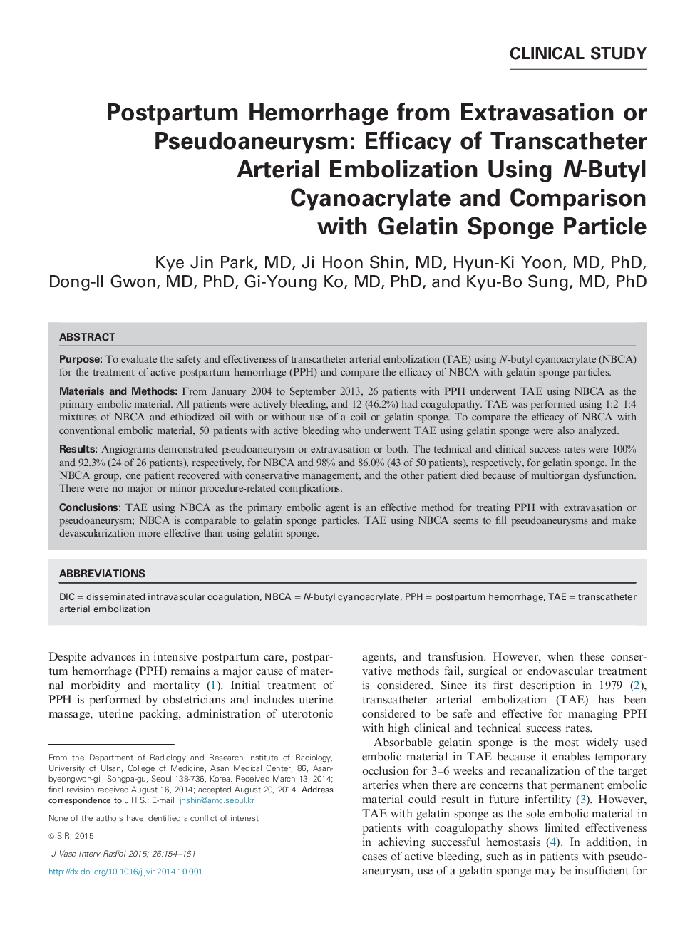 Postpartum Hemorrhage from Extravasation or Pseudoaneurysm: Efficacy of Transcatheter Arterial Embolization Using N-Butyl Cyanoacrylate and Comparison with Gelatin Sponge Particle