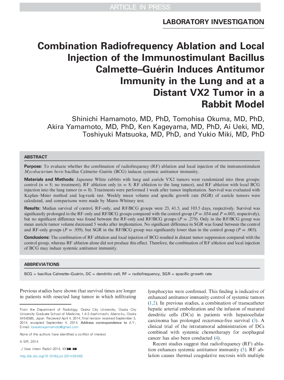 Combination Radiofrequency Ablation and Local Injection of the Immunostimulant Bacillus Calmette-Guérin Induces Antitumor Immunity in the Lung and at a Distant VX2 Tumor in a Rabbit Model