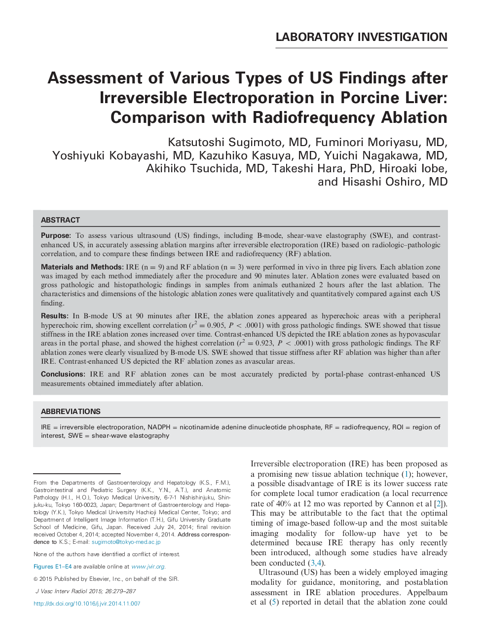 Assessment of Various Types of US Findings after Irreversible Electroporation in Porcine Liver: Comparison with Radiofrequency Ablation