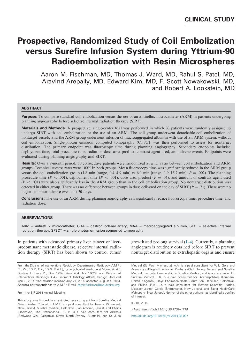 Prospective, Randomized Study of Coil Embolization versus Surefire Infusion System during Yttrium-90 Radioembolization with Resin Microspheres