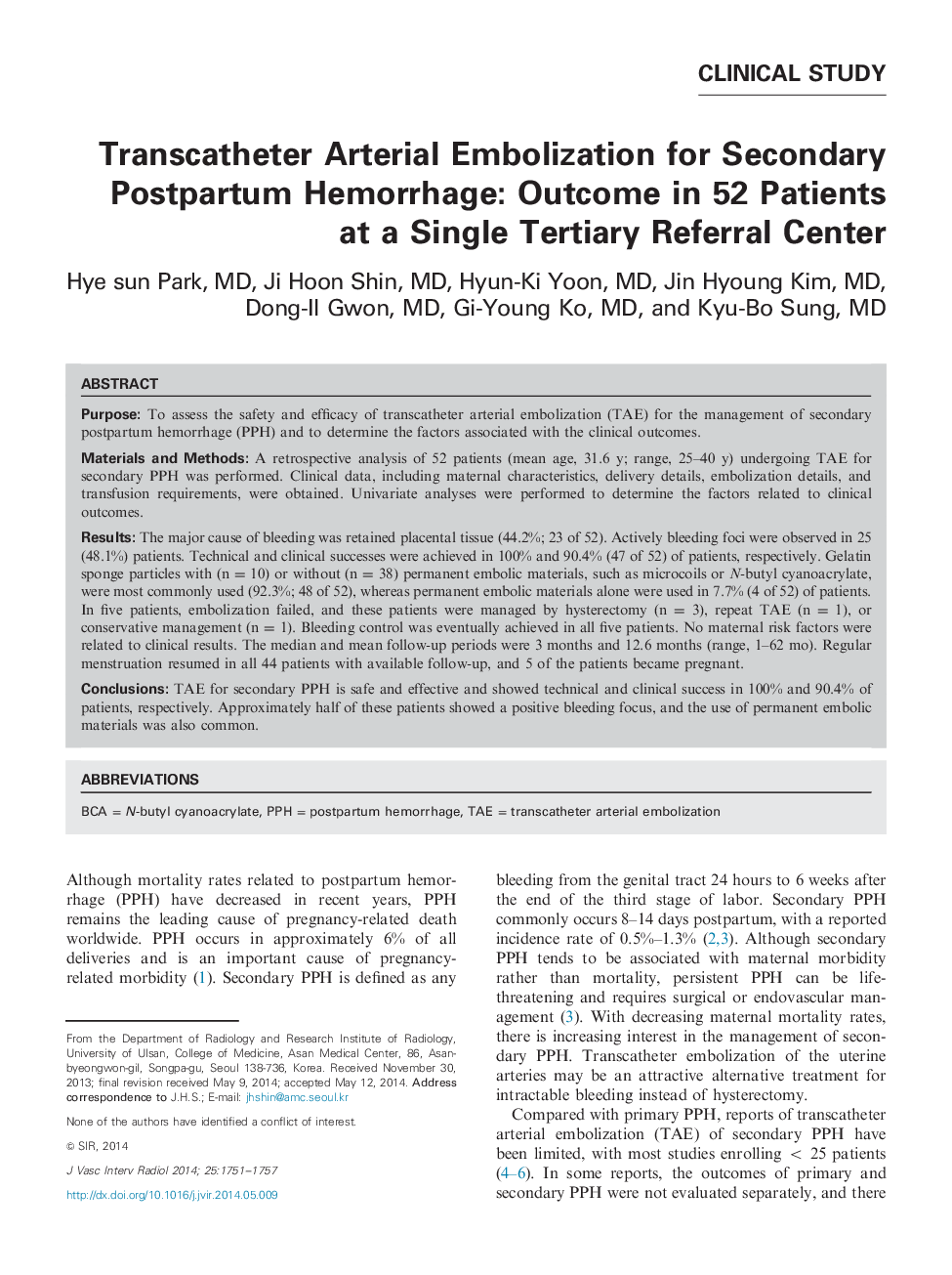 Transcatheter Arterial Embolization for Secondary Postpartum Hemorrhage: Outcome in 52 Patients at a Single Tertiary Referral Center