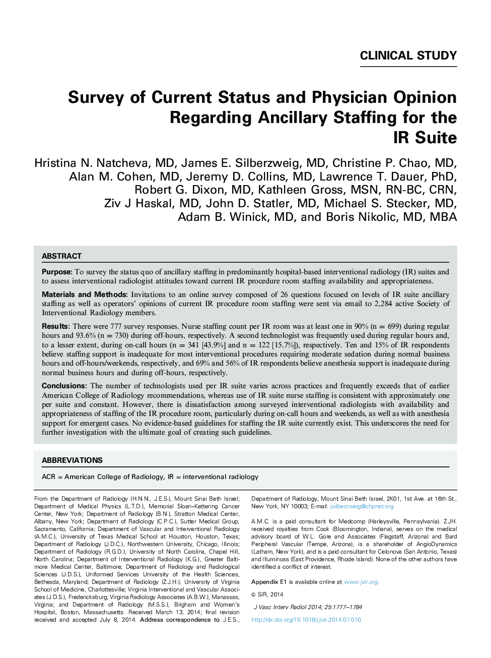 Survey of Current Status and Physician Opinion Regarding Ancillary Staffing for the IR Suite