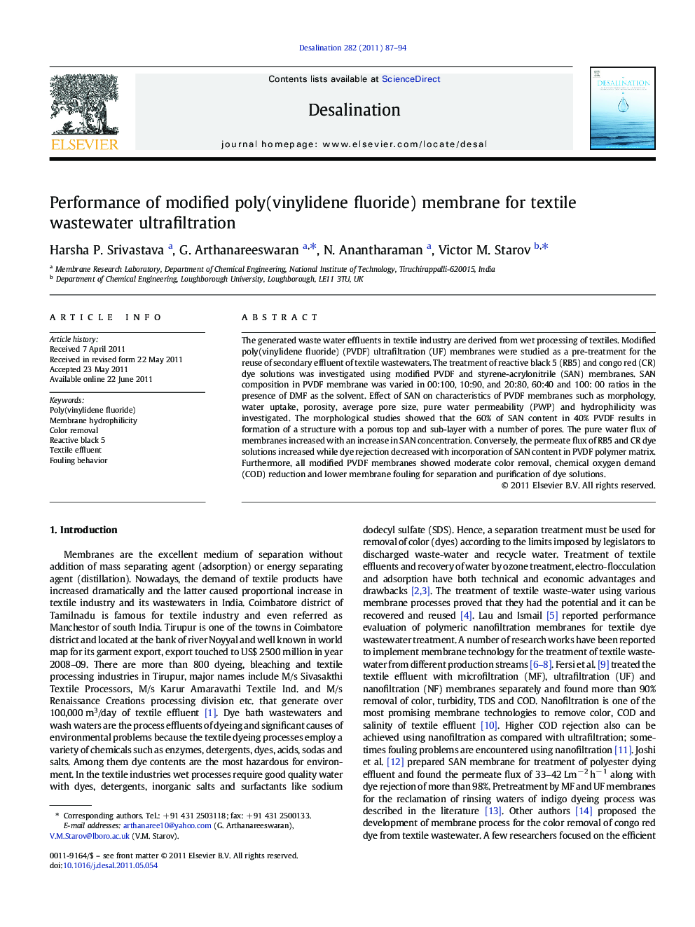 Performance of modified poly(vinylidene fluoride) membrane for textile wastewater ultrafiltration