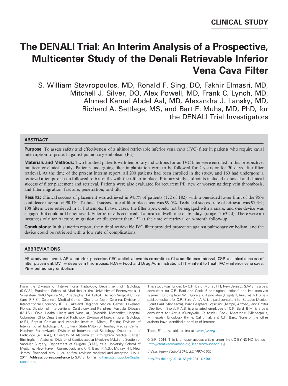 The DENALI Trial: An Interim Analysis of a Prospective, Multicenter Study of the Denali Retrievable Inferior Vena Cava Filter