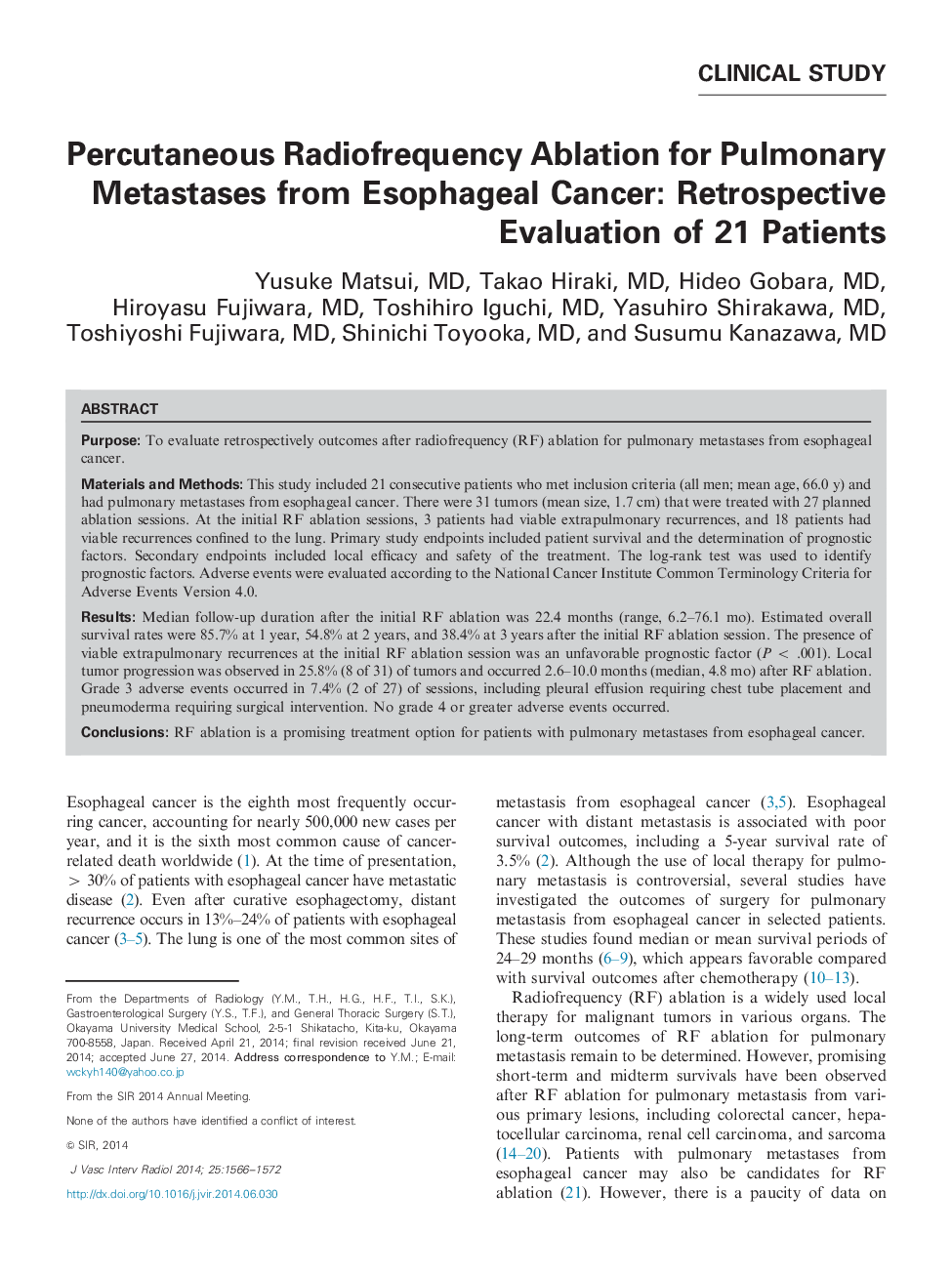 Percutaneous Radiofrequency Ablation for Pulmonary Metastases from Esophageal Cancer: Retrospective Evaluation of 21 Patients