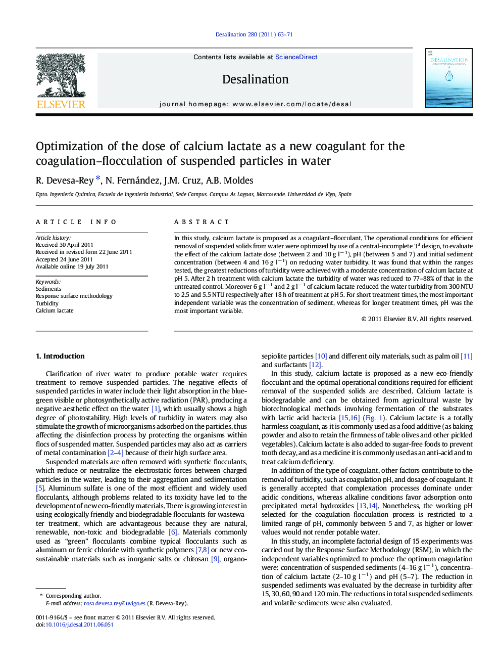 Optimization of the dose of calcium lactate as a new coagulant for the coagulation-flocculation of suspended particles in water