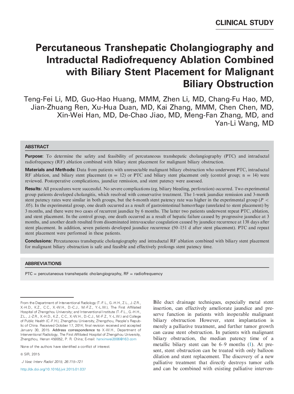 Percutaneous Transhepatic Cholangiography and Intraductal Radiofrequency Ablation Combined with Biliary Stent Placement for Malignant Biliary Obstruction