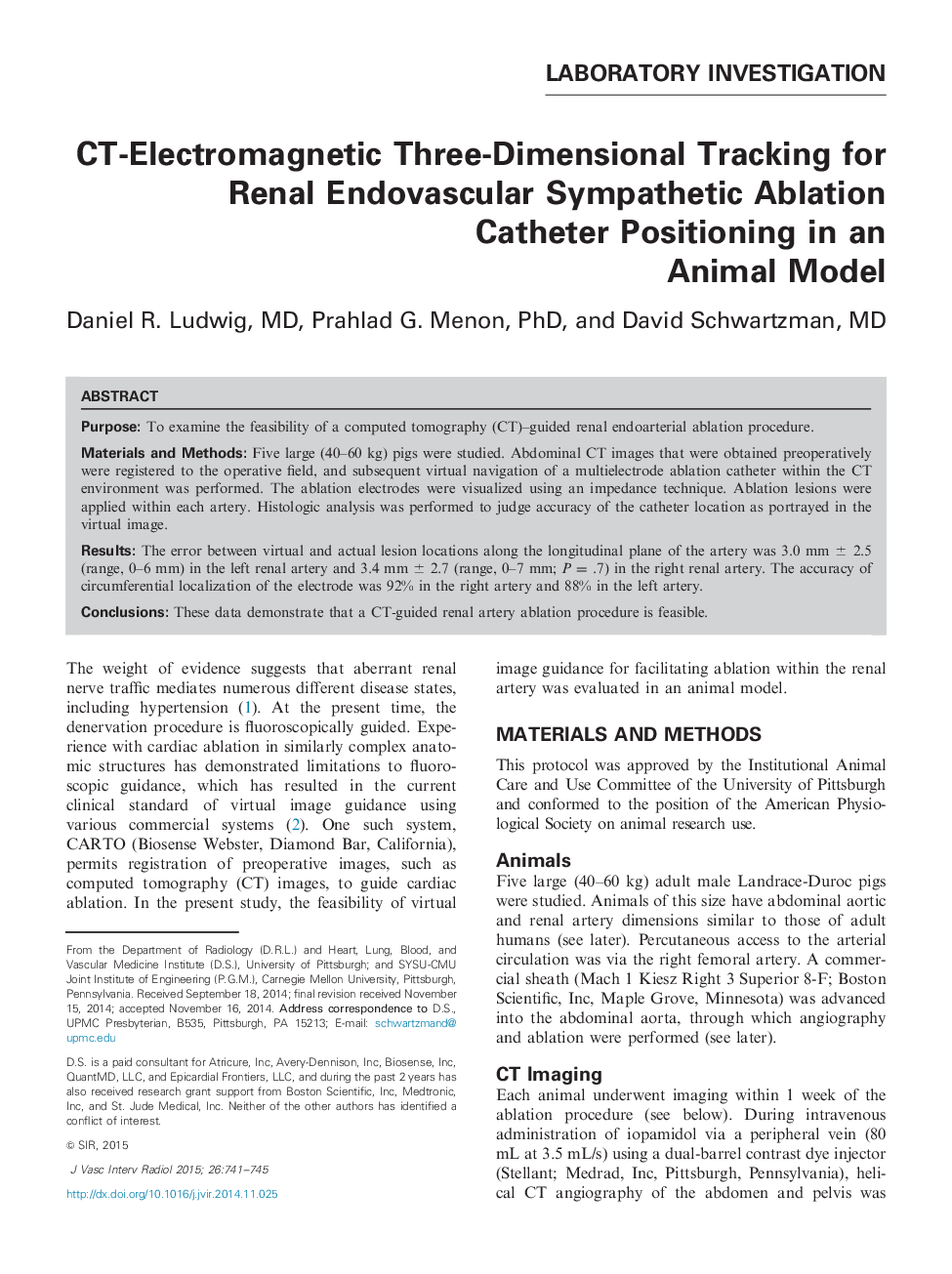 CT-Electromagnetic Three-Dimensional Tracking for Renal Endovascular Sympathetic Ablation Catheter Positioning in an Animal Model