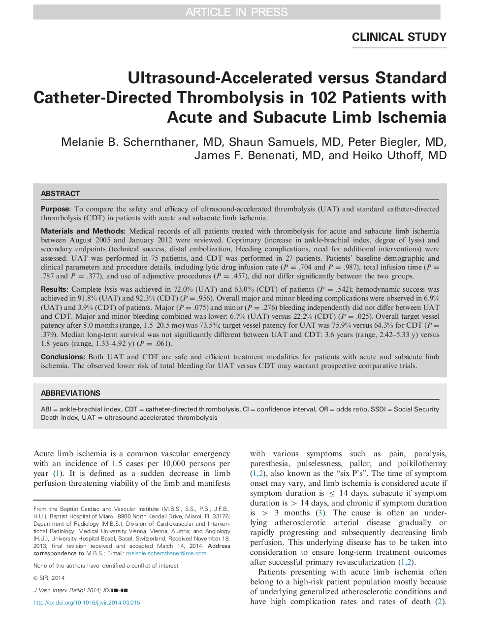 Ultrasound-Accelerated versus Standard Catheter-Directed Thrombolysis in 102 Patients with Acute and Subacute Limb Ischemia