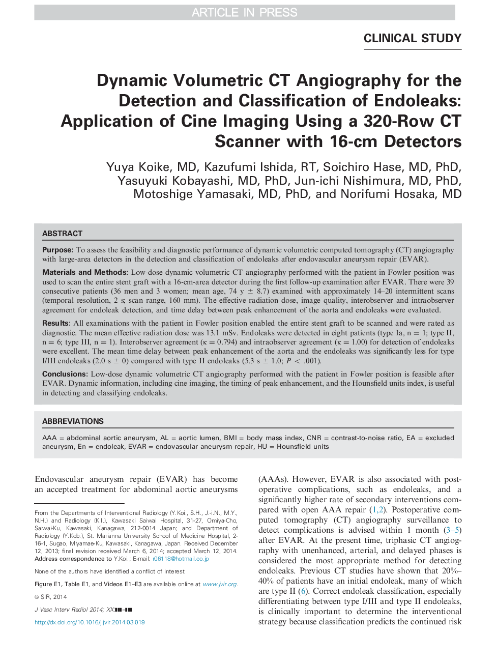 Dynamic Volumetric CT Angiography for the Detection and Classification of Endoleaks: Application of Cine Imaging Using a 320-Row CT Scanner with 16-cm Detectors