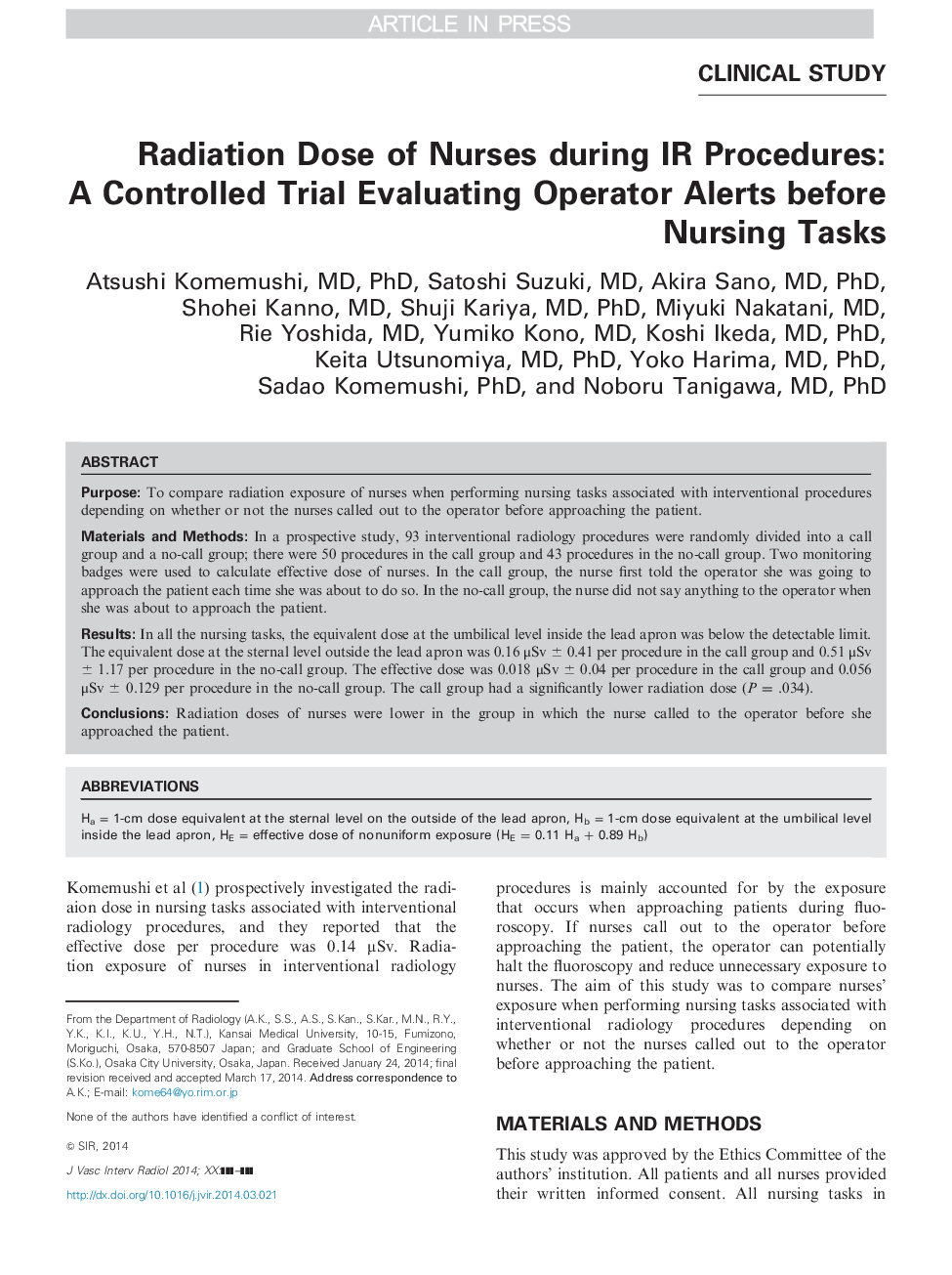 Radiation Dose of Nurses during IR Procedures: A Controlled Trial Evaluating Operator Alerts before Nursing Tasks