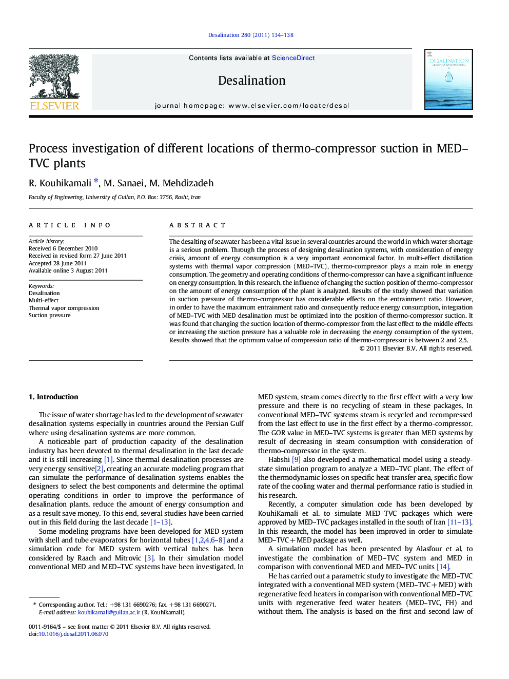 Process investigation of different locations of thermo-compressor suction in MED–TVC plants