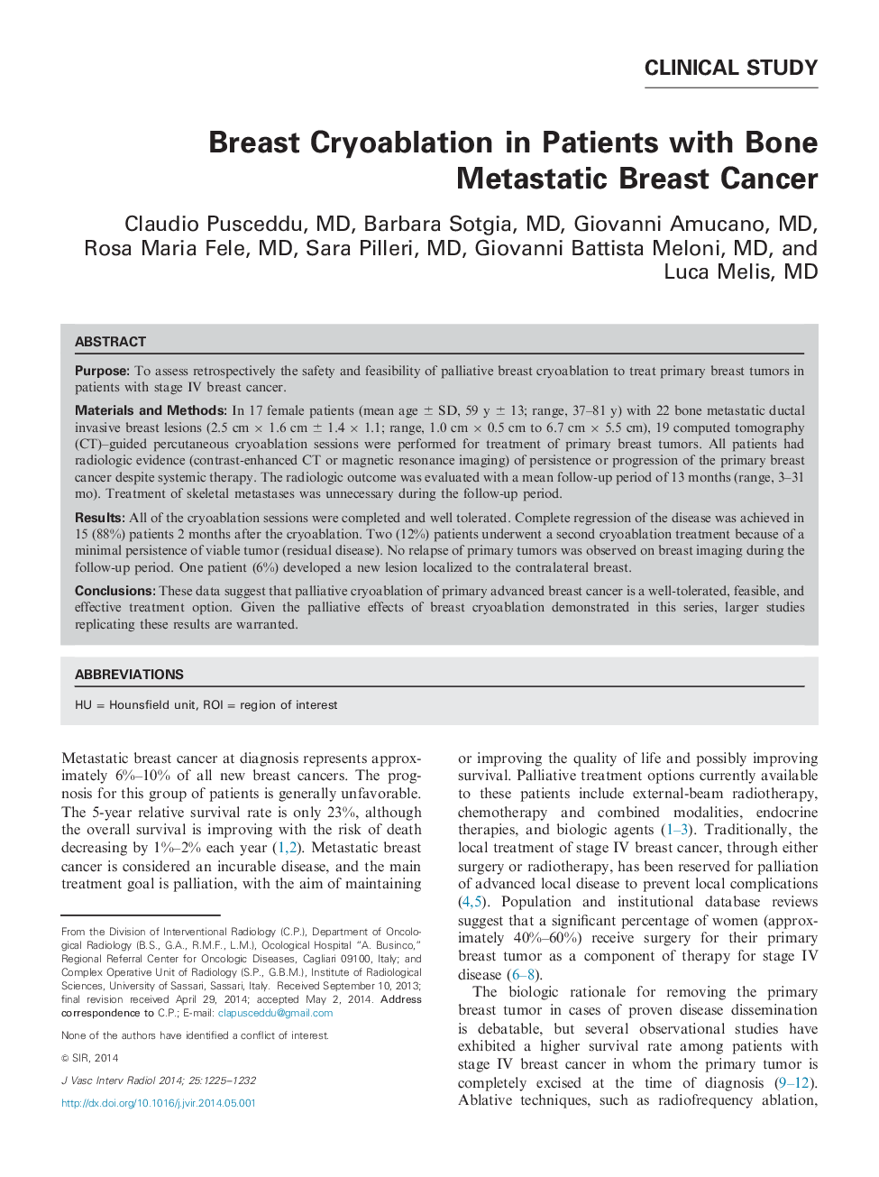 Breast Cryoablation in Patients with Bone Metastatic Breast Cancer