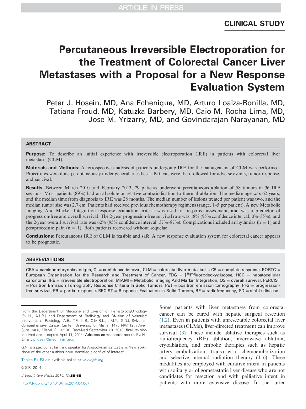 Percutaneous Irreversible Electroporation for the Treatment of Colorectal Cancer Liver Metastases with a Proposal for a New Response Evaluation System