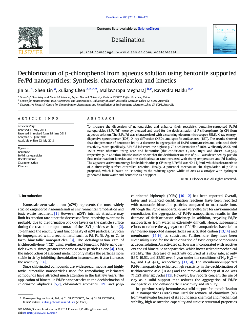 Dechlorination of p-chlorophenol from aqueous solution using bentonite supported Fe/Pd nanoparticles: Synthesis, characterization and kinetics