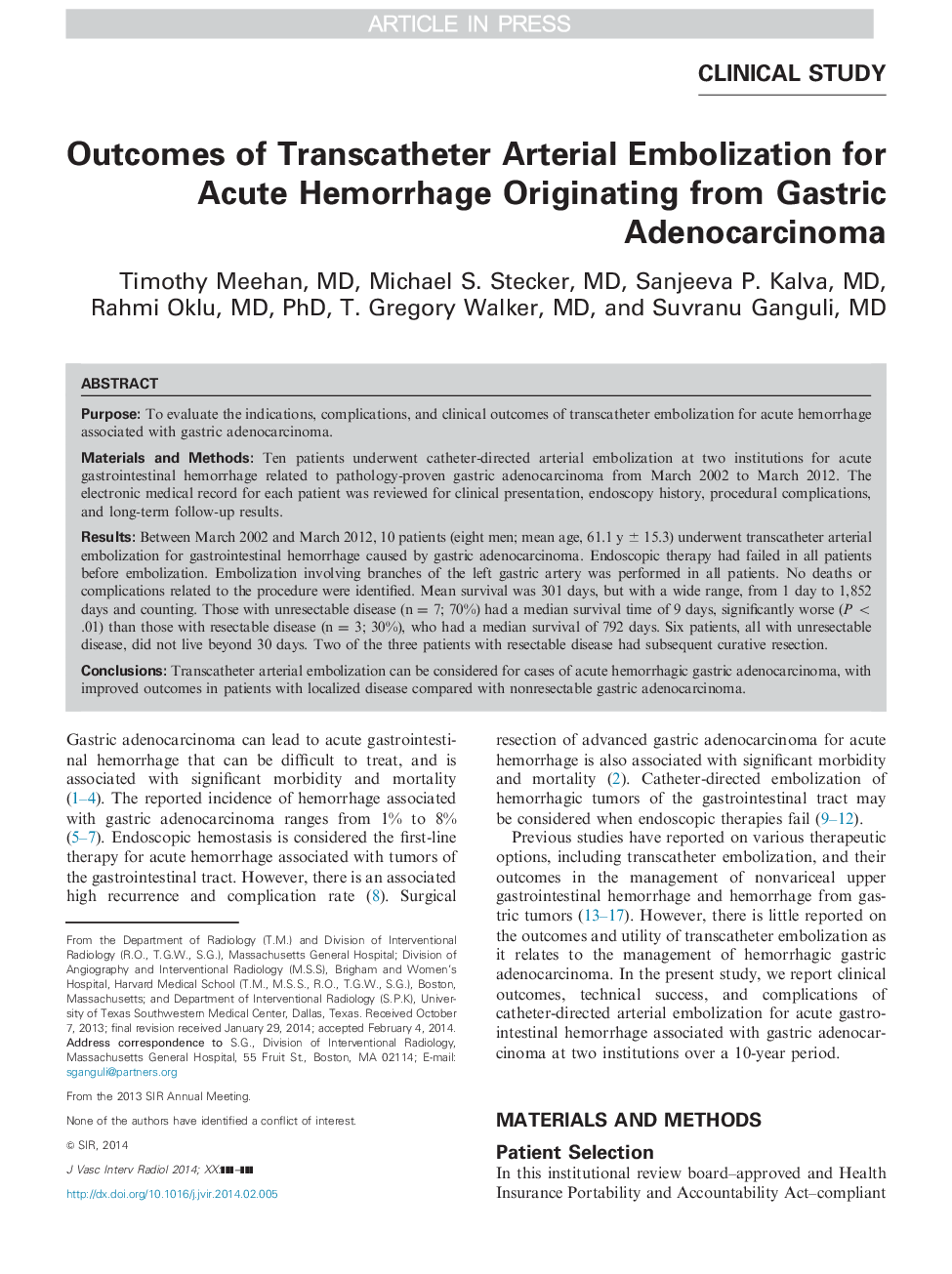 Outcomes of Transcatheter Arterial Embolization for Acute Hemorrhage Originating from Gastric Adenocarcinoma