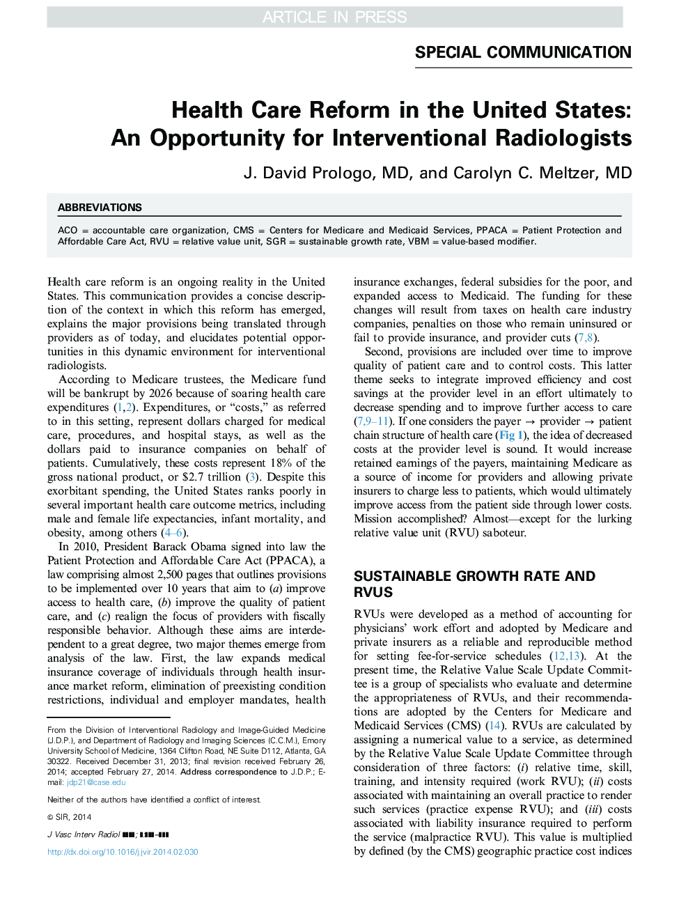 Health Care Reform in the United States: An Opportunity for Interventional Radiologists