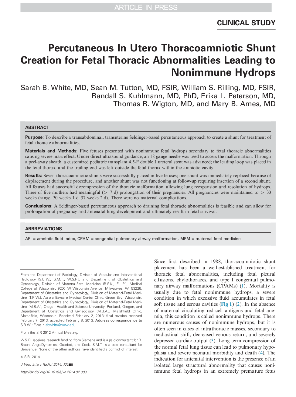 Percutaneous In Utero Thoracoamniotic Shunt Creation for Fetal Thoracic Abnormalities Leading to Nonimmune Hydrops