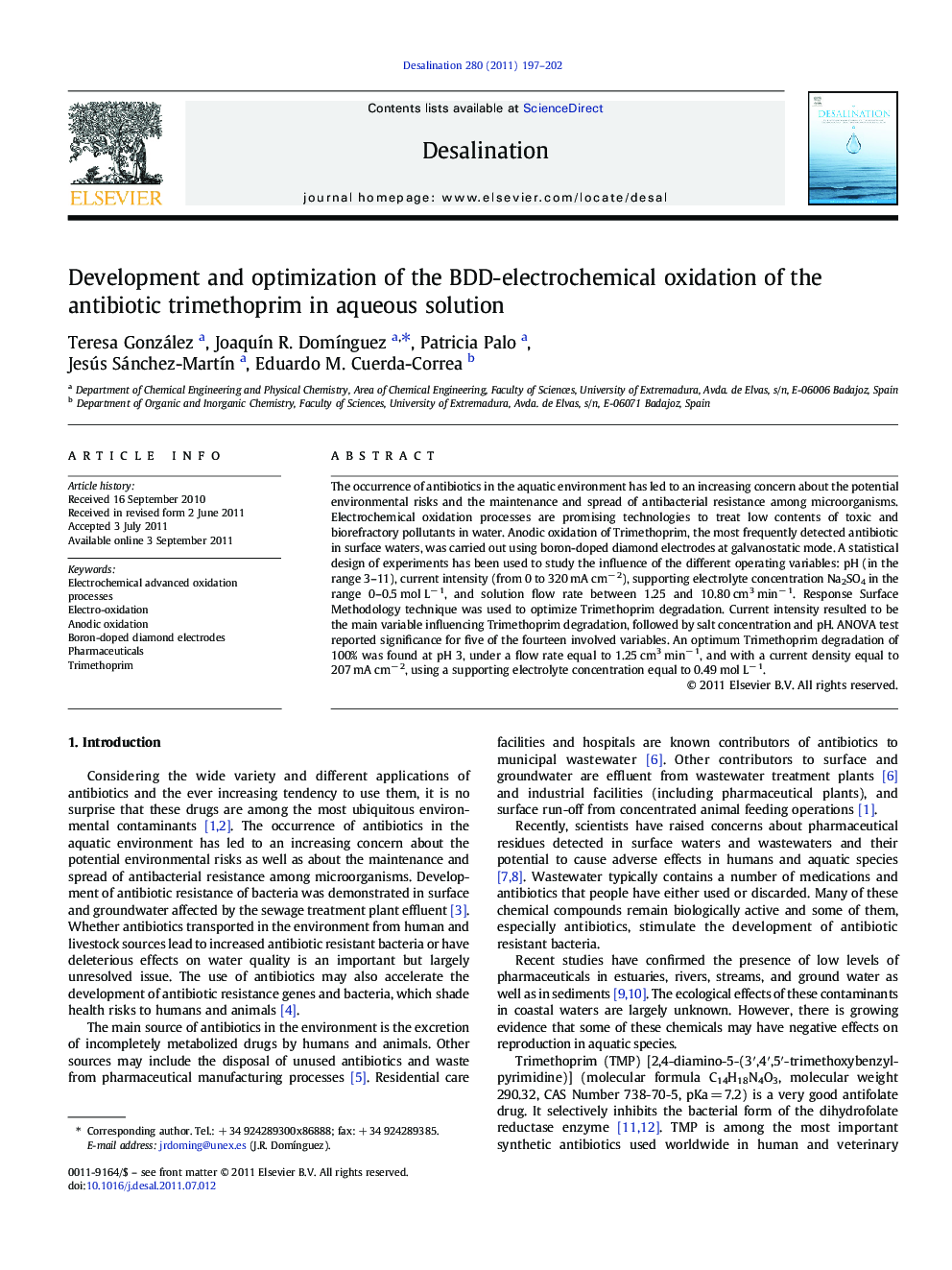 Development and optimization of the BDD-electrochemical oxidation of the antibiotic trimethoprim in aqueous solution