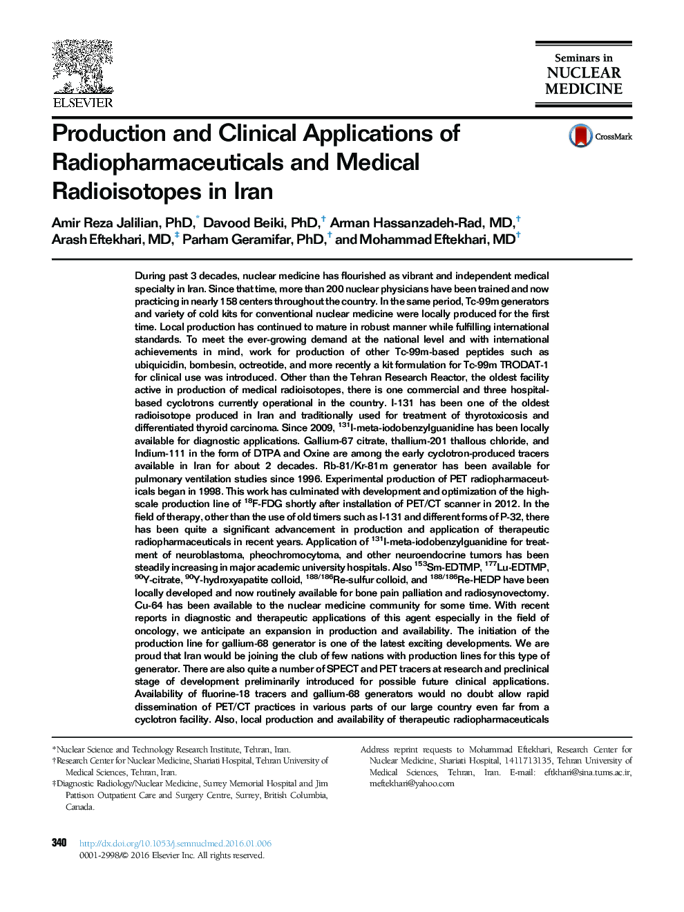 Production and Clinical Applications of Radiopharmaceuticals and Medical Radioisotopes in Iran