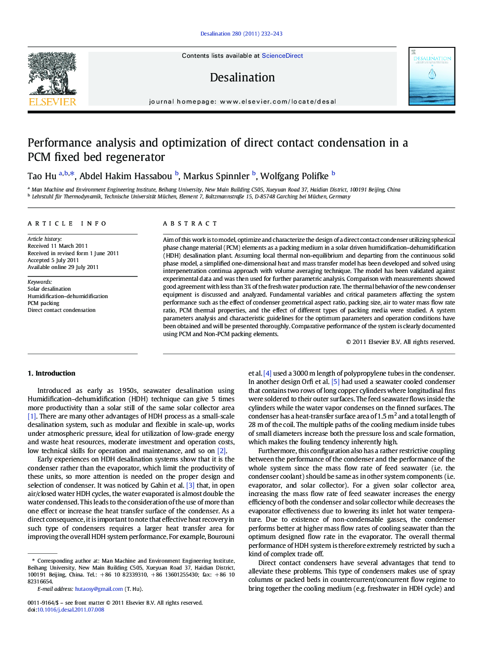 Performance analysis and optimization of direct contact condensation in a PCM fixed bed regenerator