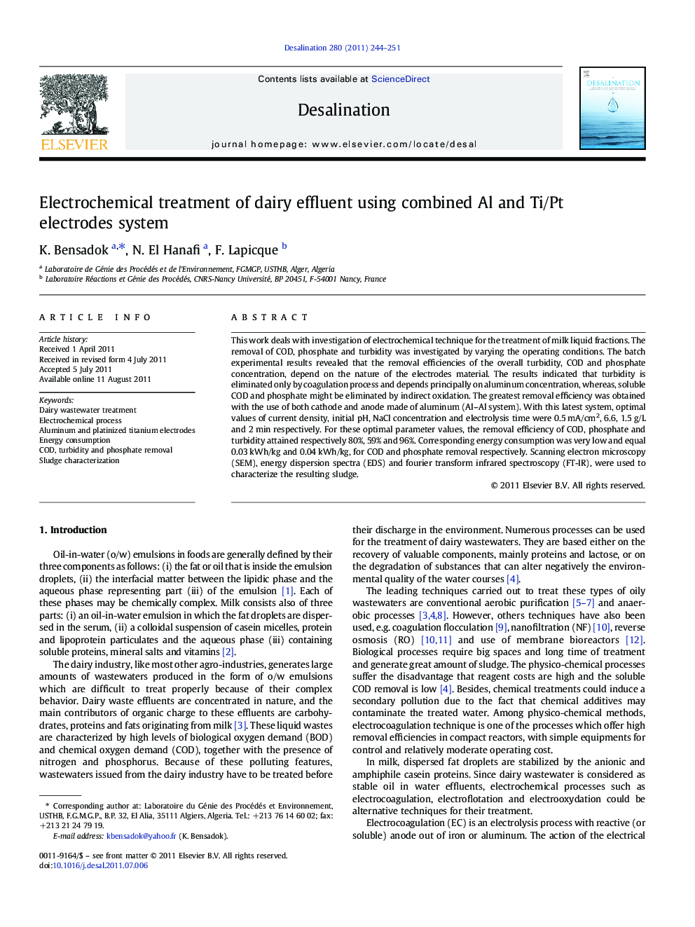 Electrochemical treatment of dairy effluent using combined Al and Ti/Pt electrodes system