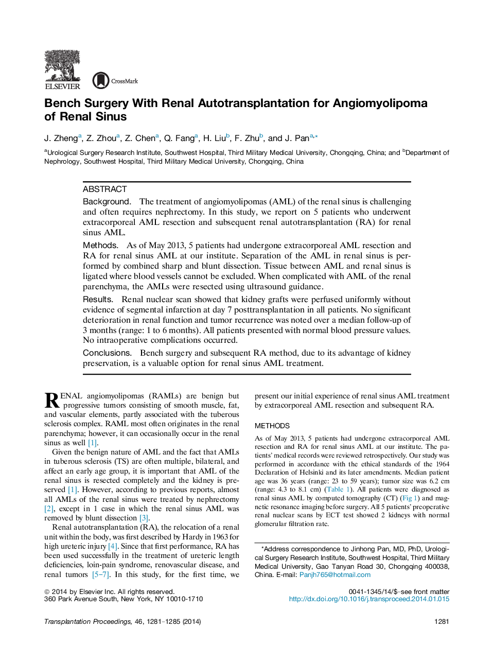 Emerging Trends in TransplantationKidney transplantationBench Surgery With Renal Autotransplantation for Angiomyolipoma of Renal Sinus