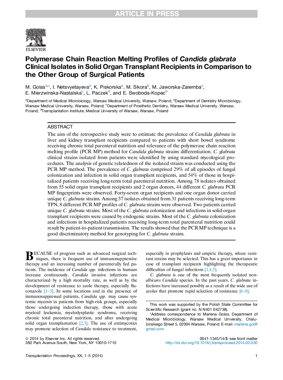 واکنش های زنجیره ای پلیمراز، مشخصات ذوب شدن جدایه های بالینی کاندیدا گلابراتا در گیرنده های پیوند عضو بدن در مقایسه با سایر گروه جراحی 