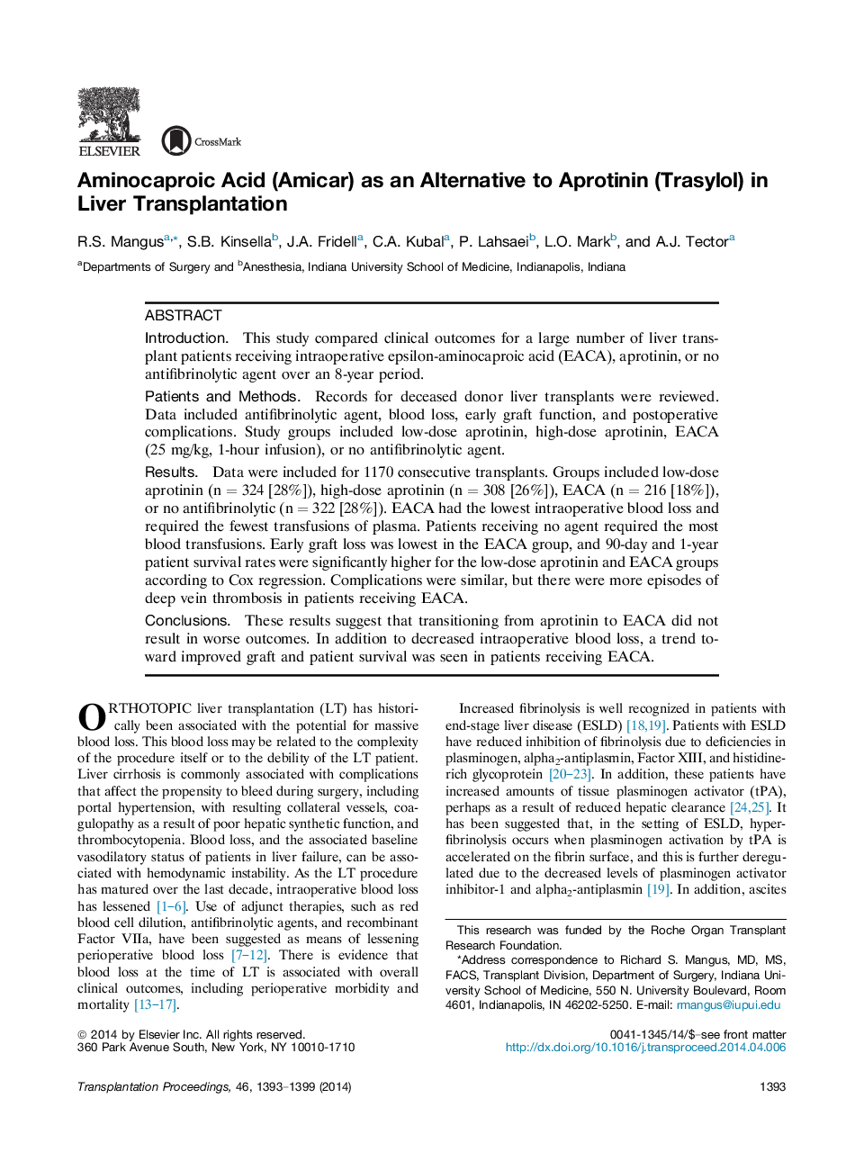 Aminocaproic Acid (Amicar) as an Alternative to Aprotinin (Trasylol) in Liver Transplantation