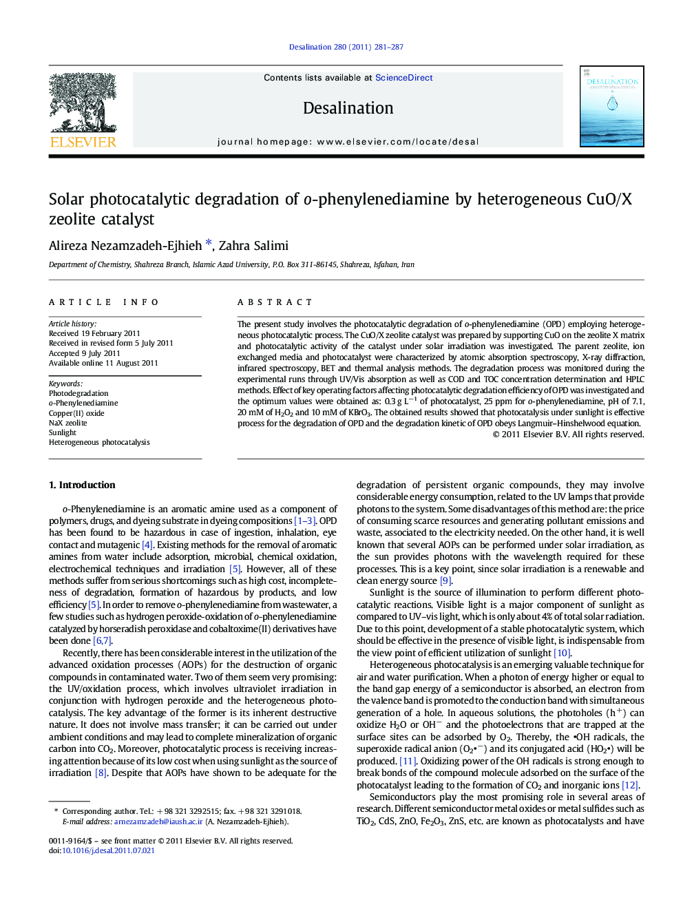 Solar photocatalytic degradation of o-phenylenediamine by heterogeneous CuO/X zeolite catalyst