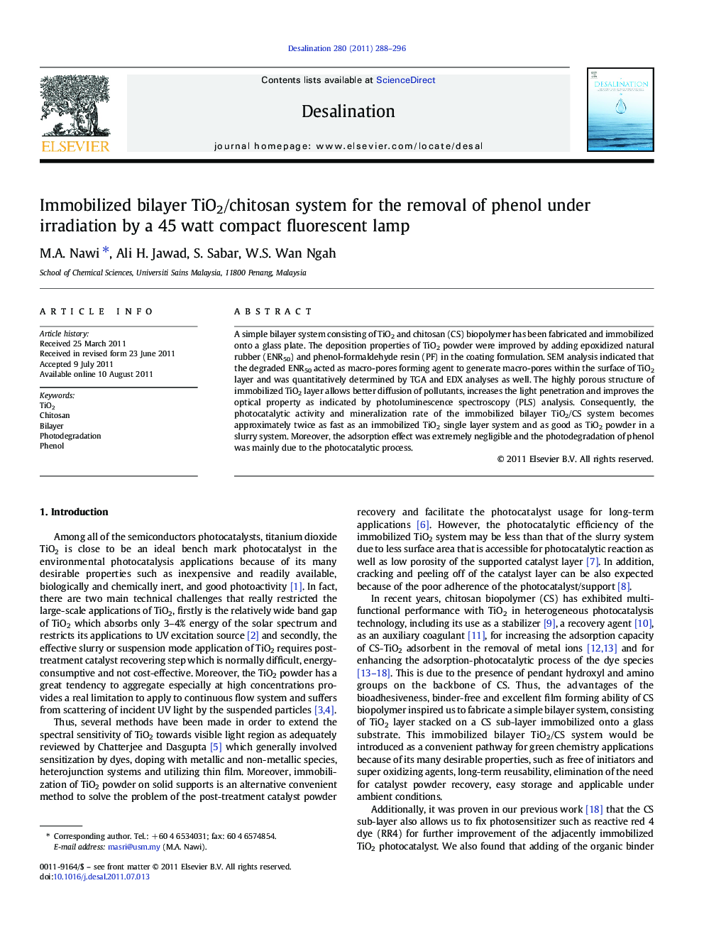 Immobilized bilayer TiO2/chitosan system for the removal of phenol under irradiation by a 45Â watt compact fluorescent lamp