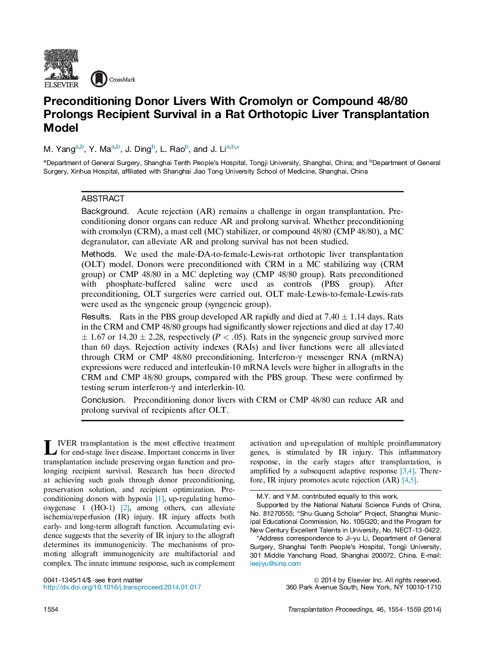 پیشگویی دونرها با کرومولین یا ترکیب 48/80 بقاء گیرنده را در یک مدل پیوند کبدی ارتوپوپیک 