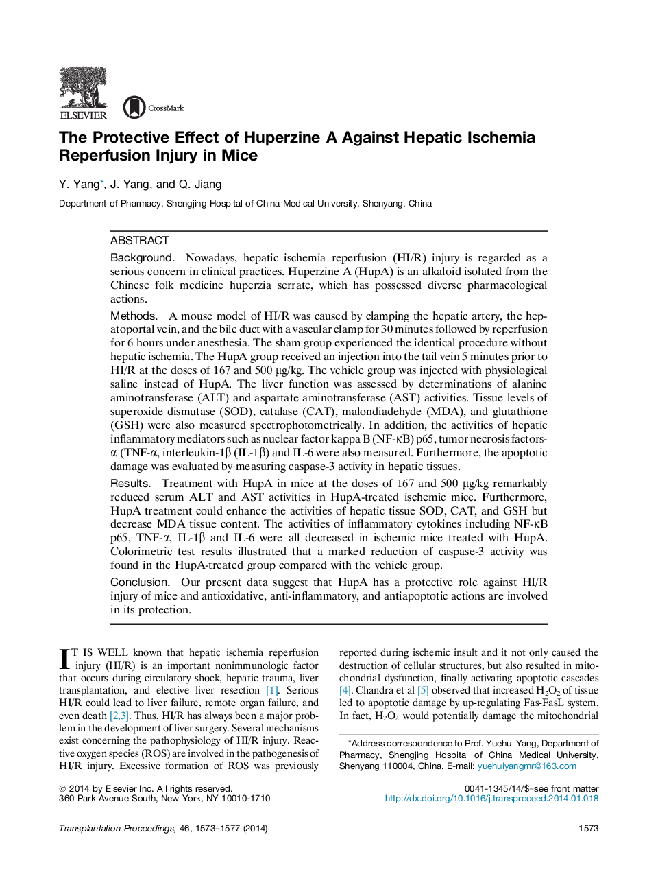 The Protective Effect of Huperzine A Against Hepatic Ischemia Reperfusion Injury in Mice