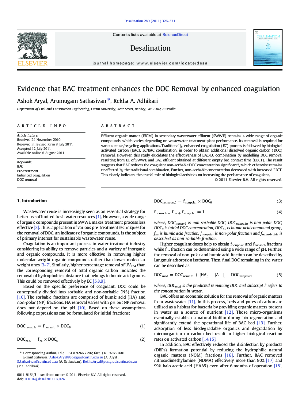 Evidence that BAC treatment enhances the DOC Removal by enhanced coagulation