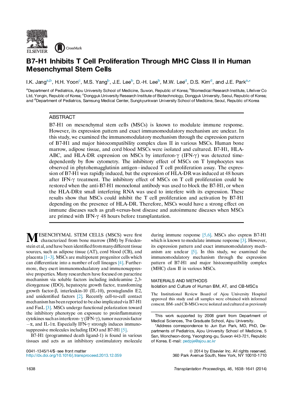 Emerging Trends in TransplantationExperimental transplantationB7-H1 Inhibits T Cell Proliferation Through MHC Class II in Human Mesenchymal Stem Cells