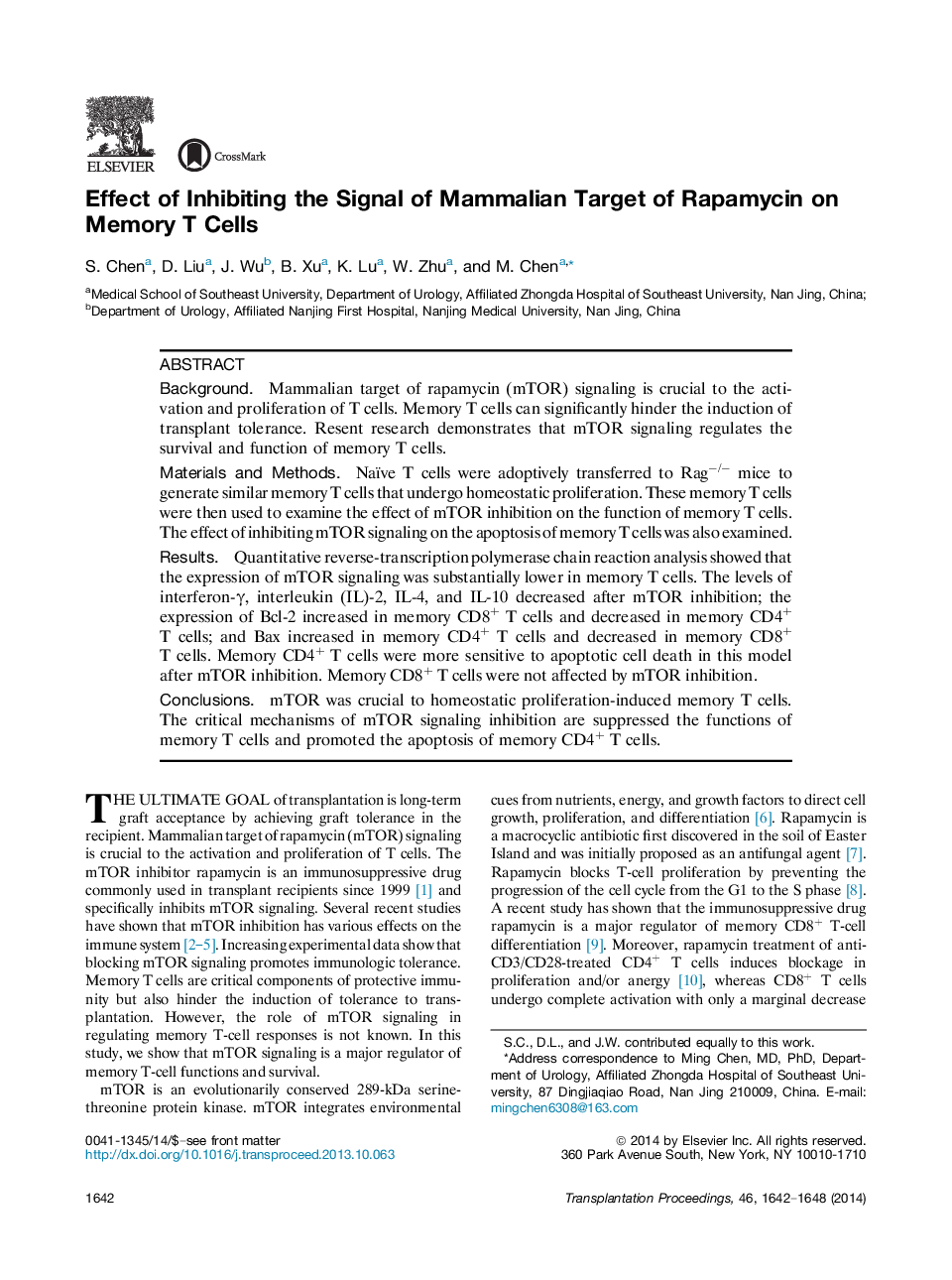 Emerging Trends in TransplantationExperimental transplantationEffect of Inhibiting the Signal of Mammalian Target of Rapamycin on Memory T Cells