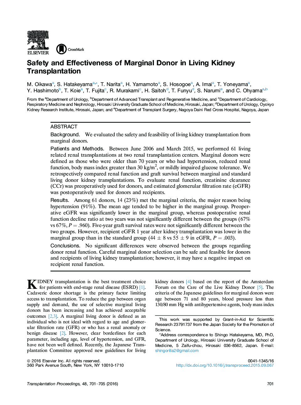 Safety and Effectiveness of Marginal Donor in Living Kidney Transplantation