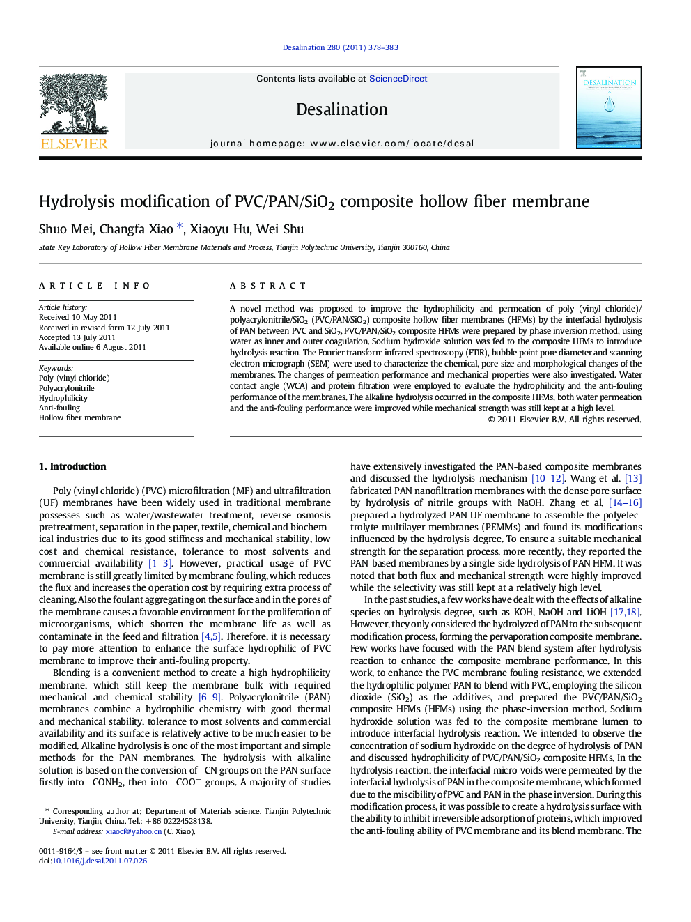 Hydrolysis modification of PVC/PAN/SiO2 composite hollow fiber membrane