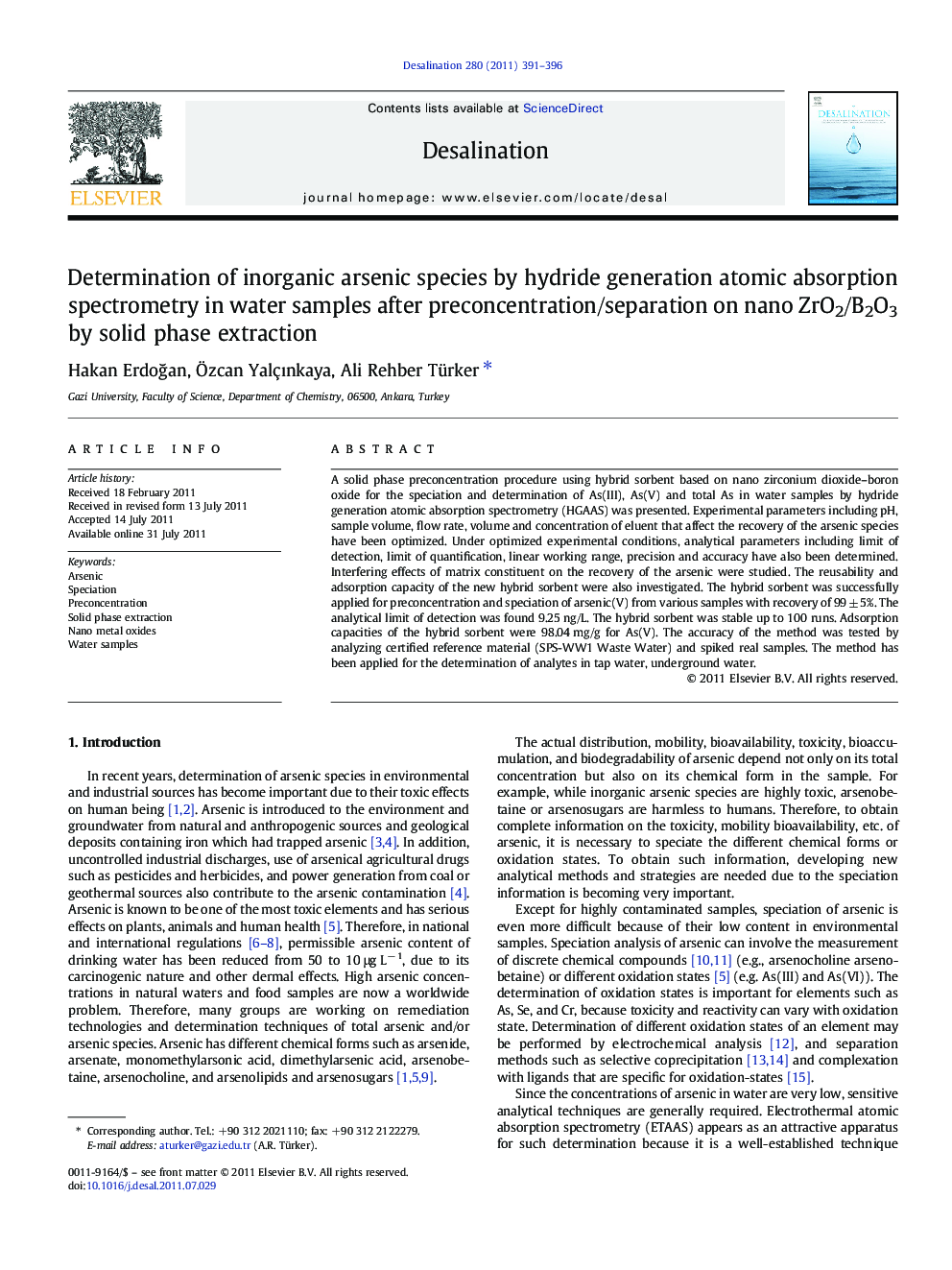 Determination of inorganic arsenic species by hydride generation atomic absorption spectrometry in water samples after preconcentration/separation on nano ZrO2/B2O3 by solid phase extraction