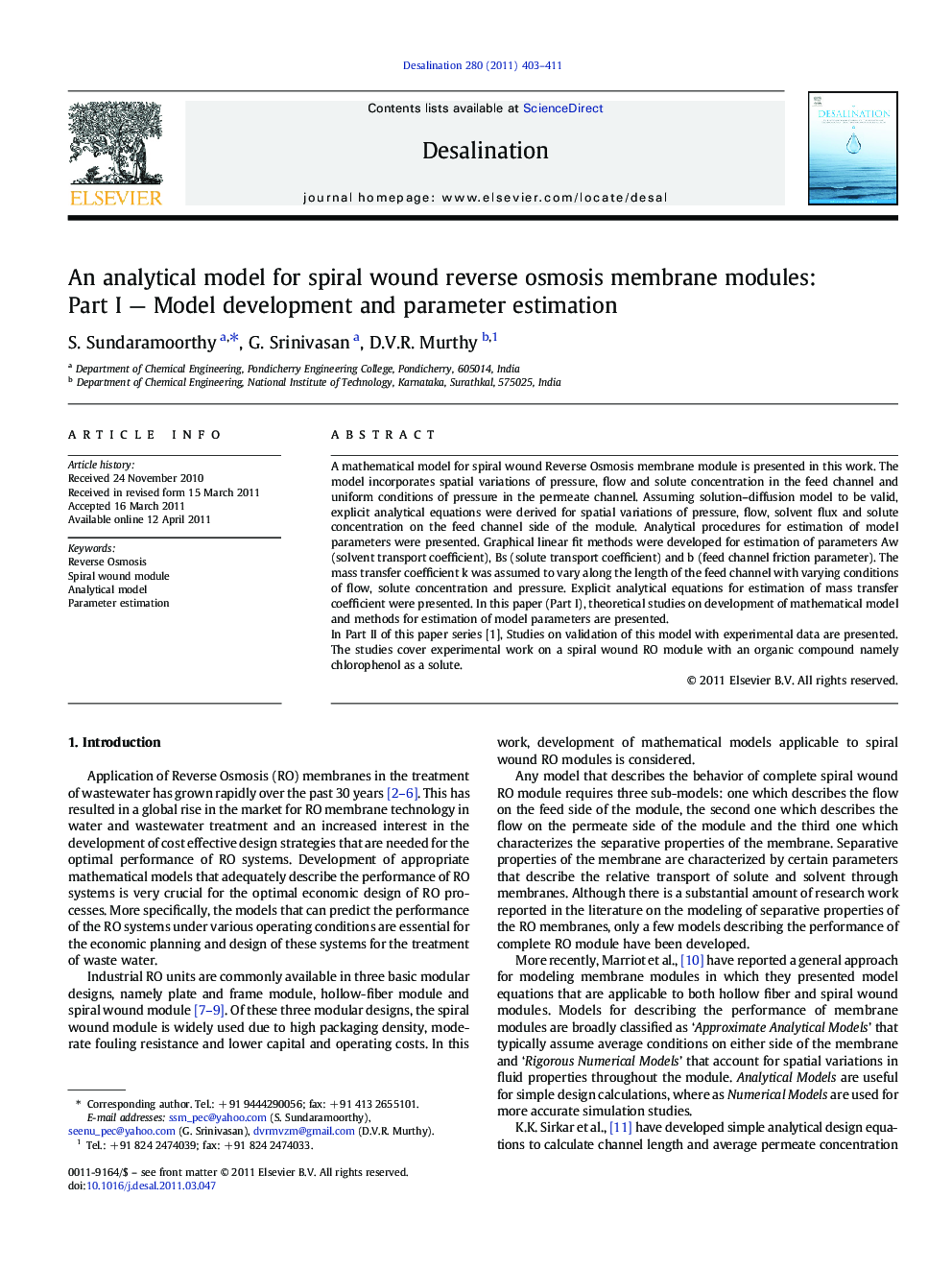 An analytical model for spiral wound reverse osmosis membrane modules: Part I — Model development and parameter estimation